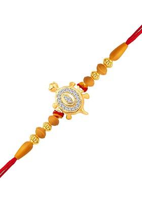 Gold And Rhodium Plated Cz Studded And Beaded Rakhi For Women