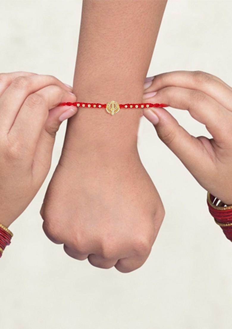 Red Mens  Gold And Rhodium Plated Khanda Thread Rakhi