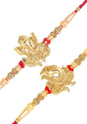 Gold Men Set Of 2 Ganpati And Gajanan Rakhi With Roli And Chawal