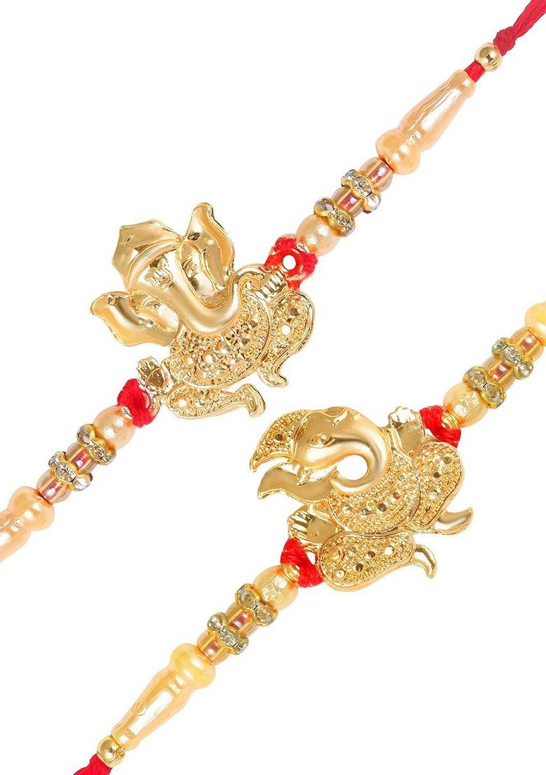 Gold Men Set Of 2 Ganpati And Gajanan Rakhi With Roli And Chawal