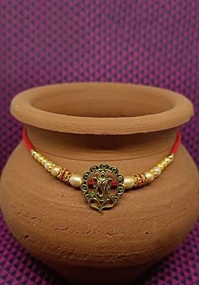 Gold Mens  Rhodium Plated Lord Ganesha Charm Tie Up Rakhi