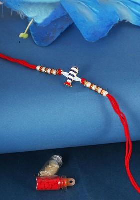Red Mens  Gold And Rhodium Plated Airoplane Thread Rakhi