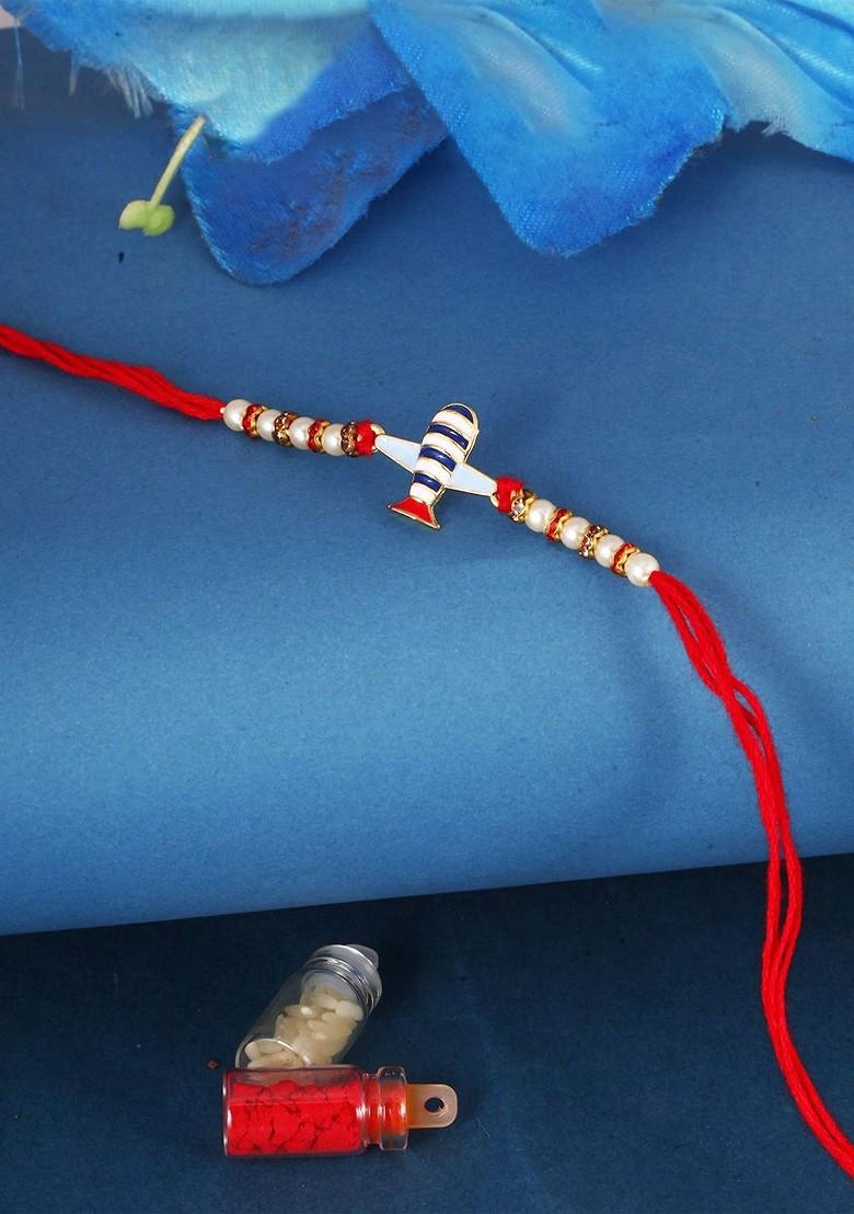 Red Mens  Gold And Rhodium Plated Airoplane Thread Rakhi