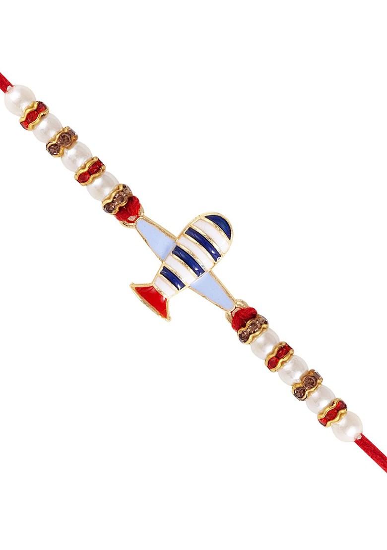Red Mens  Gold And Rhodium Plated Airoplane Thread Rakhi