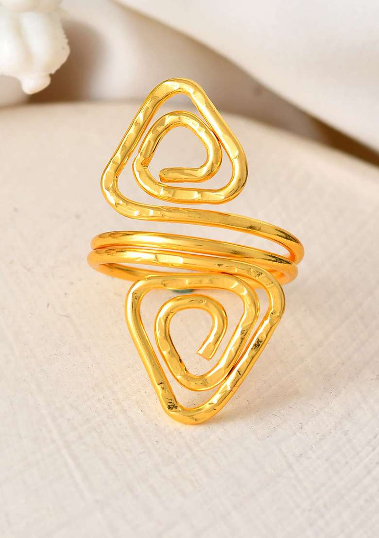 Gold And Plated Textured Triple And Layer Adjustable Finger Ring - Indya