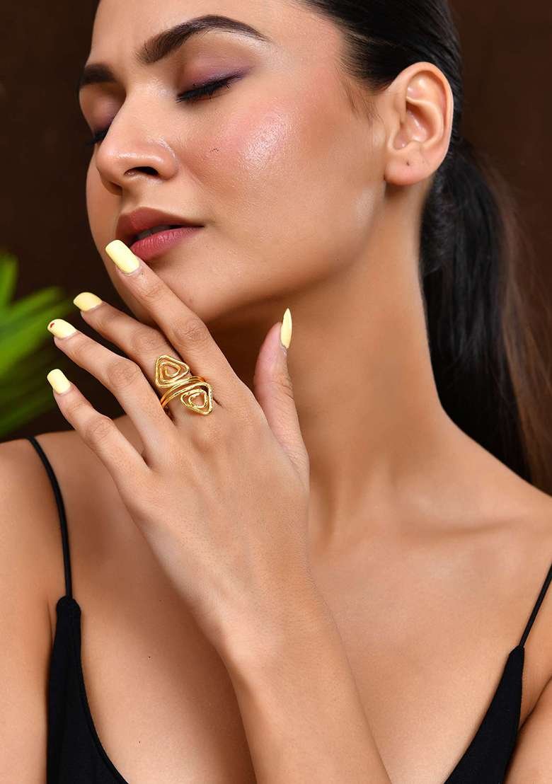 Gold And Plated Textured Triple And Layer Adjustable Finger Ring - Indya