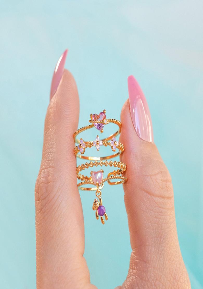 18K Gold Plated Waterproof Anti Tarnish Pink Zircon Teddy Heart Ring