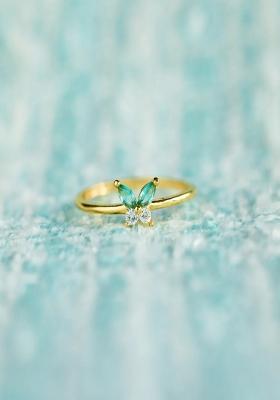 18K Gold Plated Waterproof Anti Tarnish Green Zircon Butterfly Midi Ring