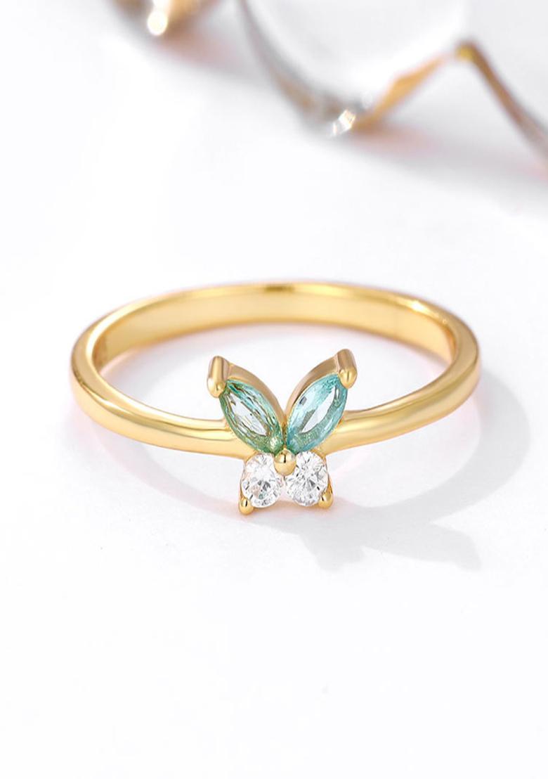 18K Gold Plated Waterproof Anti Tarnish Green Zircon Butterfly Midi Ring
