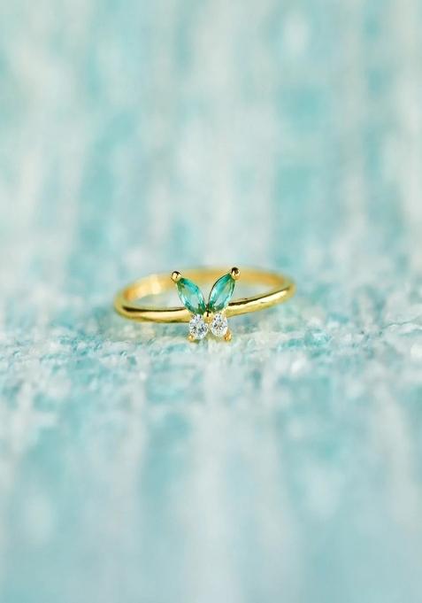 18K Gold Plated Waterproof Anti Tarnish Green Zircon Butterfly Midi Ring