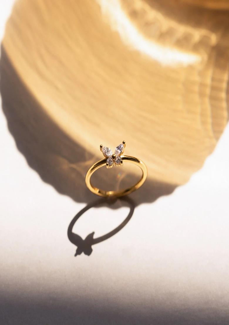 18K Gold Plated Waterproof Anti Tarnish White Zircon Butterfly Midi Ring