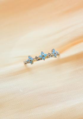 18K Silver Plated Waterproof Anti Tarnish Blue Zircon Floral Ring
