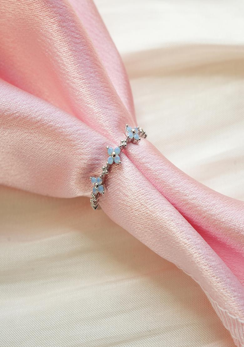 18K Silver Plated Waterproof Anti Tarnish Blue Zircon Floral Ring