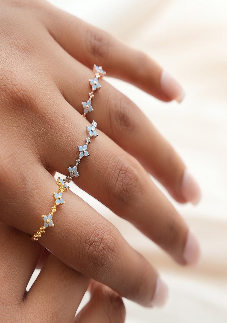 18K Silver Plated Waterproof Anti Tarnish Blue Zircon Floral Ring