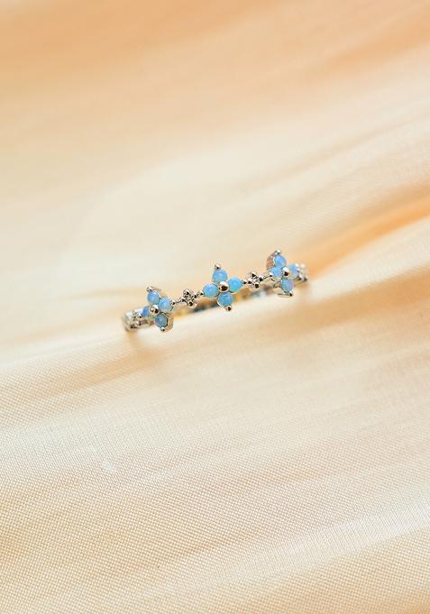 18K Silver Plated Waterproof Anti Tarnish Blue Zircon Floral Ring