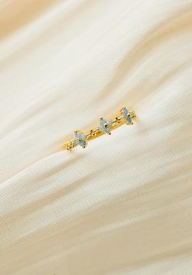 18K Gold Plated Waterproof Anti Tarnish Blue Zircon Floral Ring