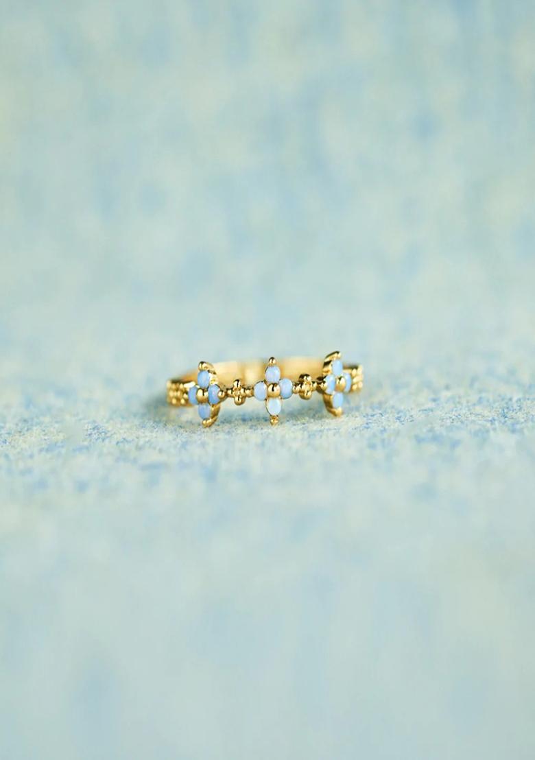 18K Gold Plated Waterproof Anti Tarnish Blue Zircon Floral Ring