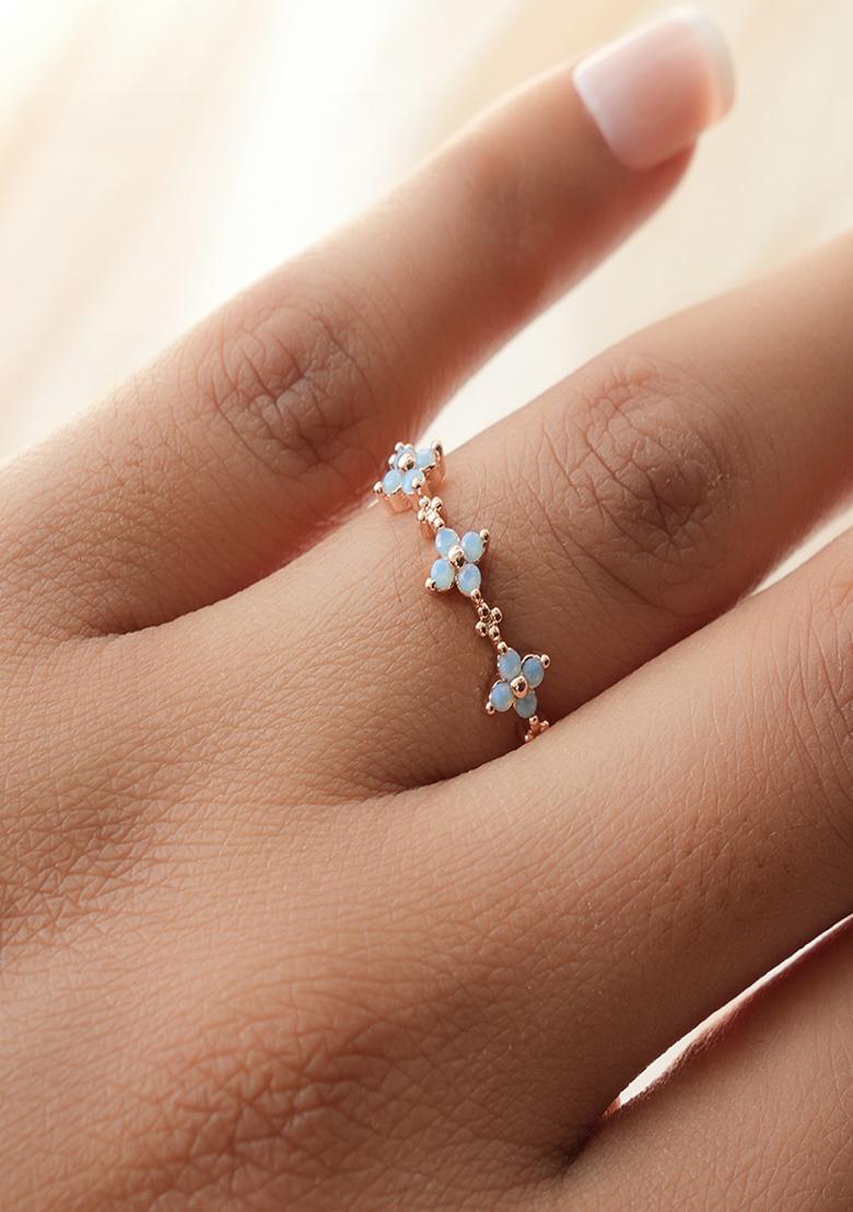 18K Rose Gold Plated Waterproof Anti Tarnish Blue Zircon Floral Ring