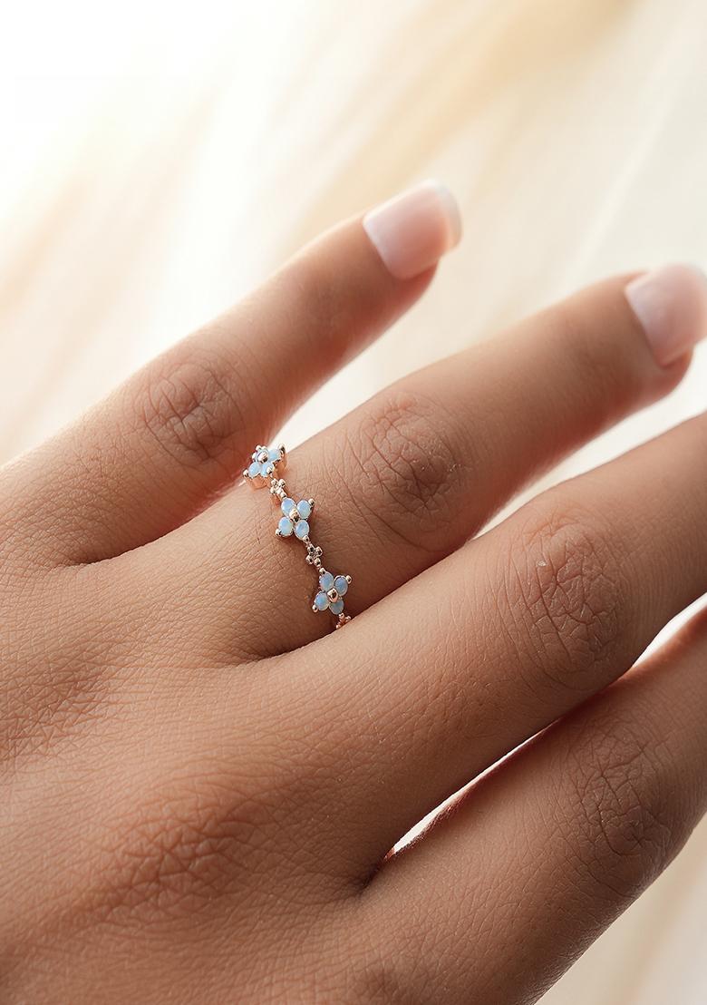 18K Rose Gold Plated Waterproof Anti Tarnish Blue Zircon Floral Ring