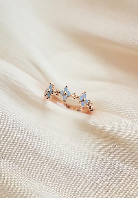 18K Rose Gold Plated Waterproof Anti Tarnish Blue Zircon Floral Ring