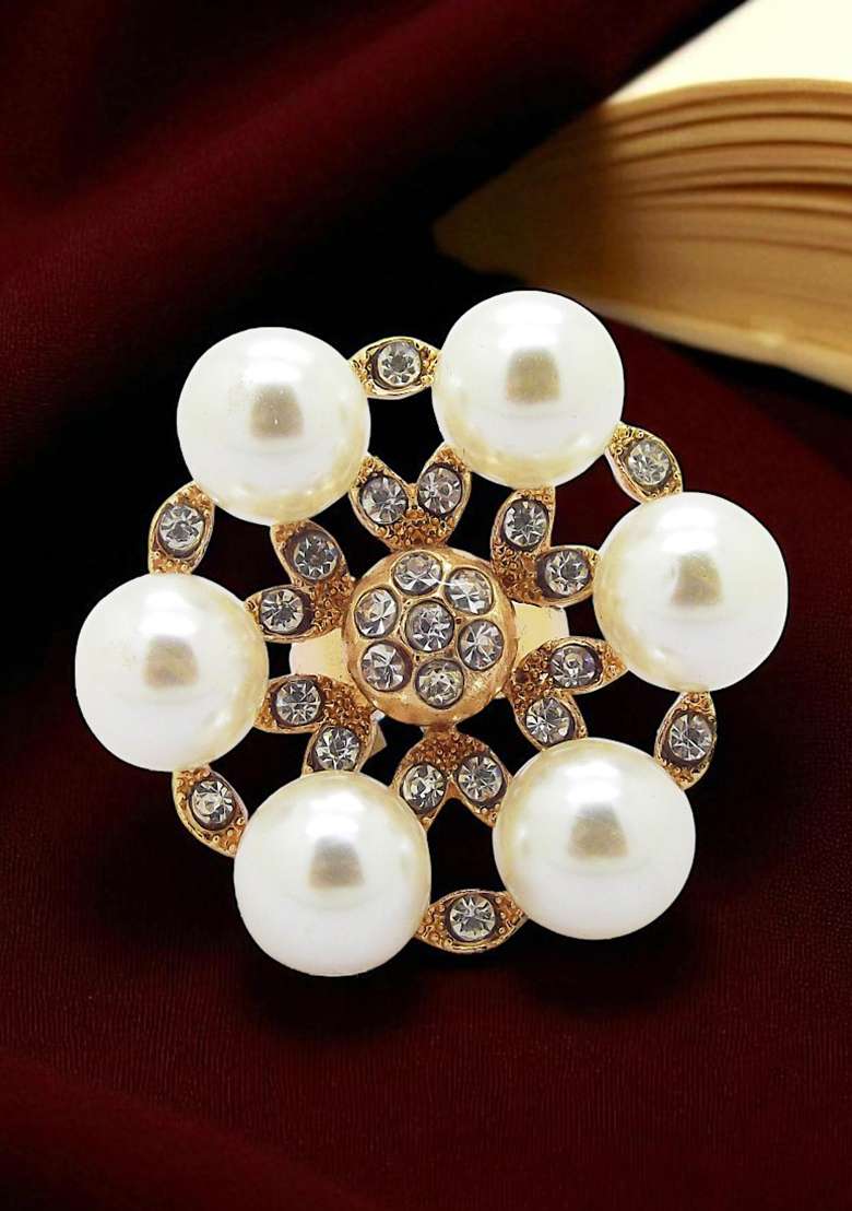 Gold Plated Cz And Pearl Floral Ring - Indya