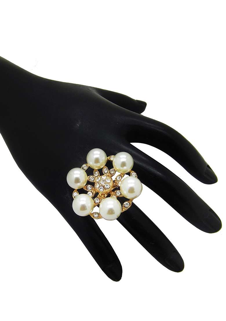 Gold Plated Cz And Pearl Floral Ring - Indya