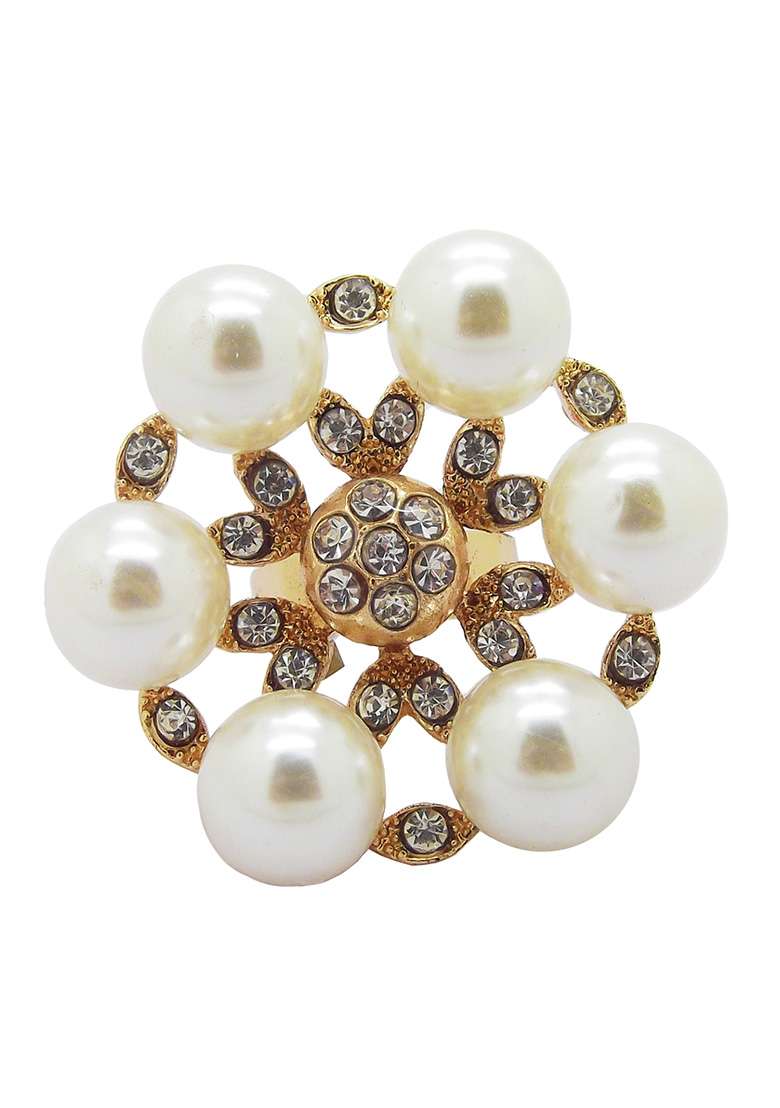 Gold Plated Cz And Pearl Floral Ring - Indya