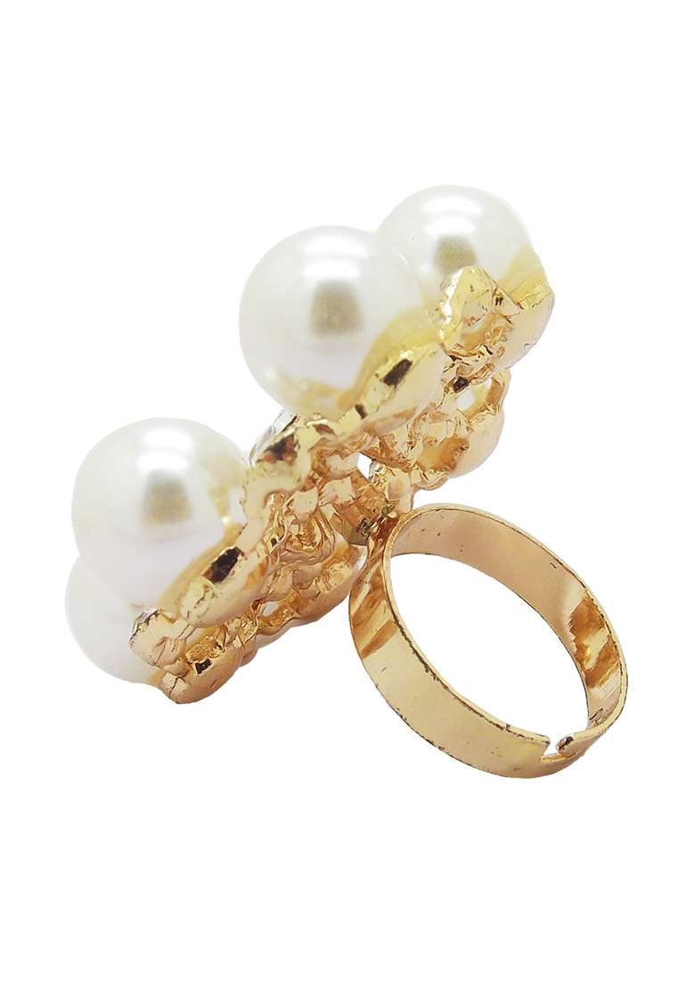 Gold Plated Cz And Pearl Floral Ring - Indya