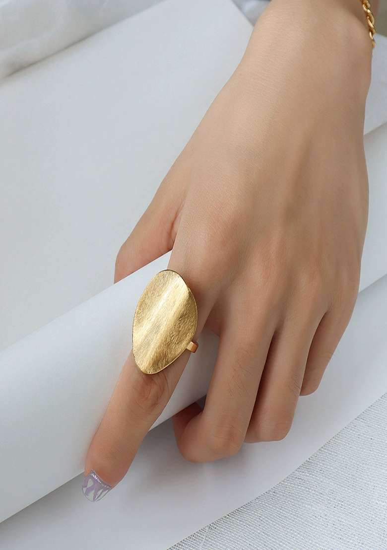 18K Gold Plated Anti Tarnish Waterproof Brushed Oval Shape Statement Ring - Indya
