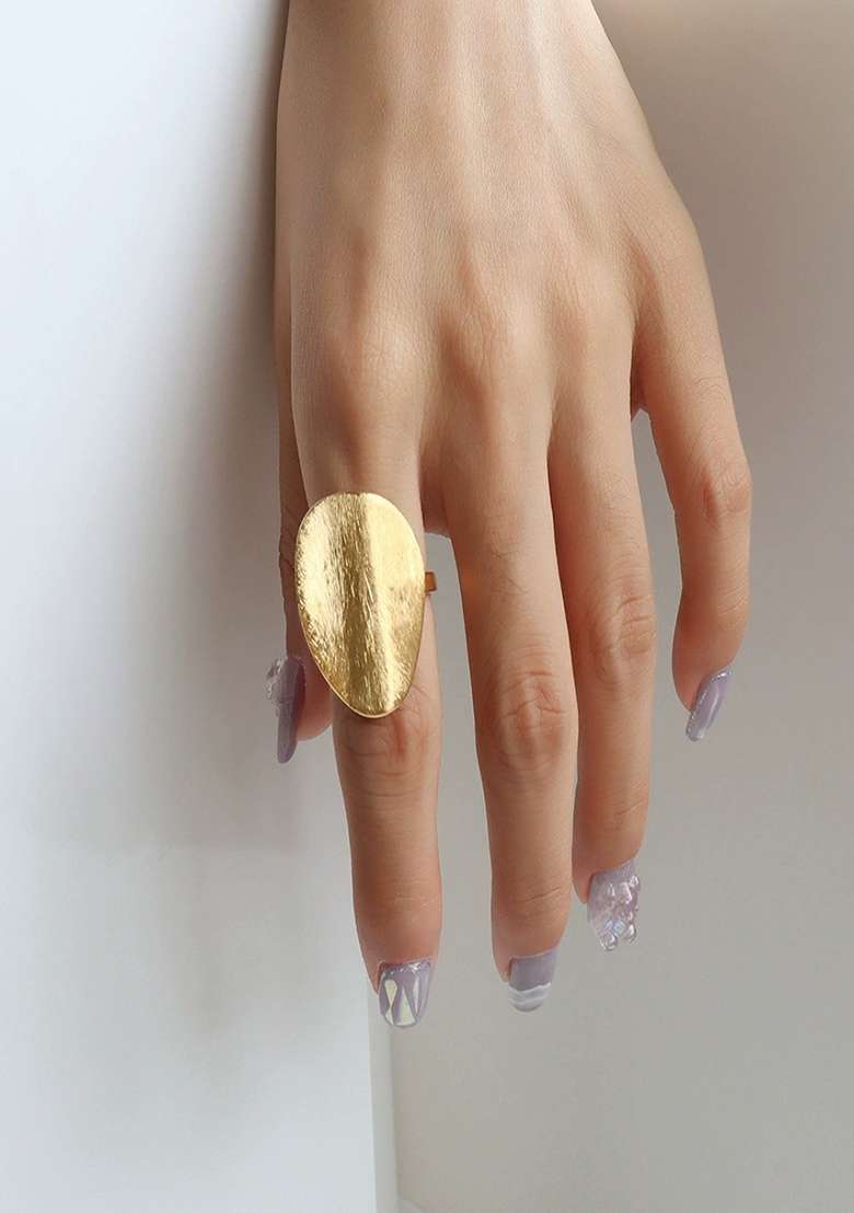 18K Gold Plated Anti Tarnish Waterproof Brushed Oval Shape Statement Ring - Indya