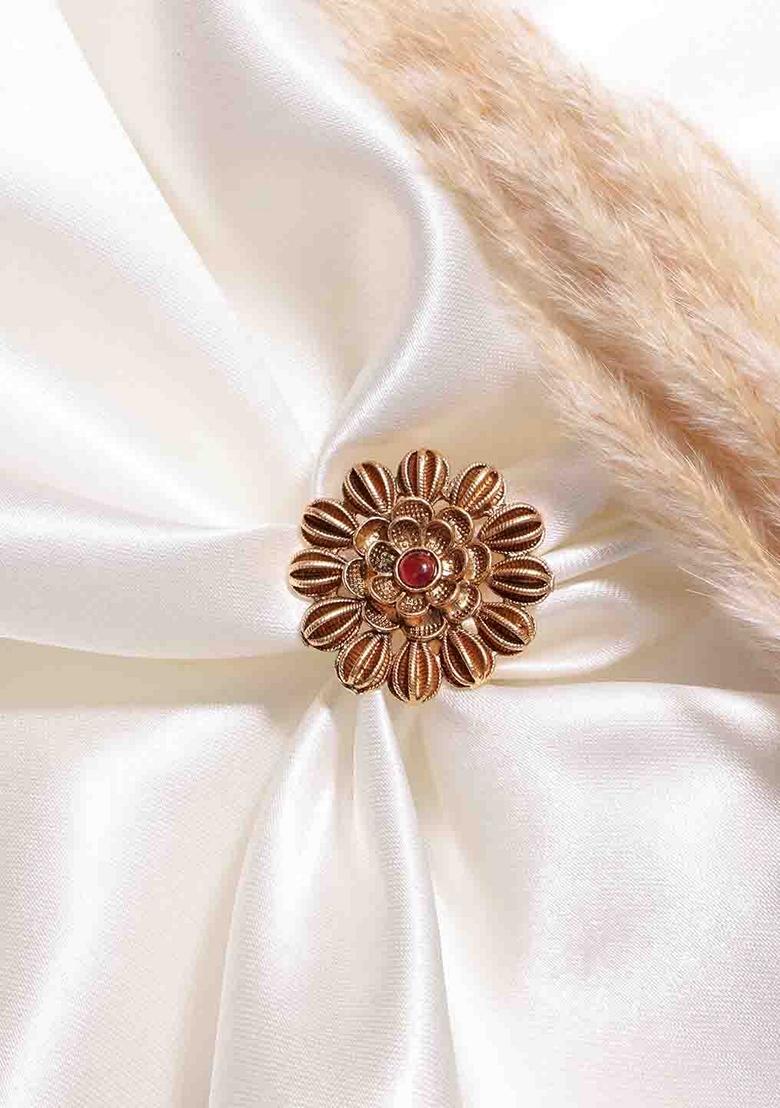 Gold Plated Stone Studded Floral Shaped Adjustable Finger Ring - Indya