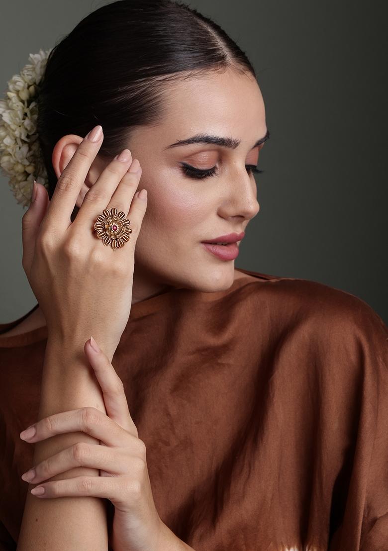 Gold Plated Stone Studded Floral Shaped Adjustable Finger Ring