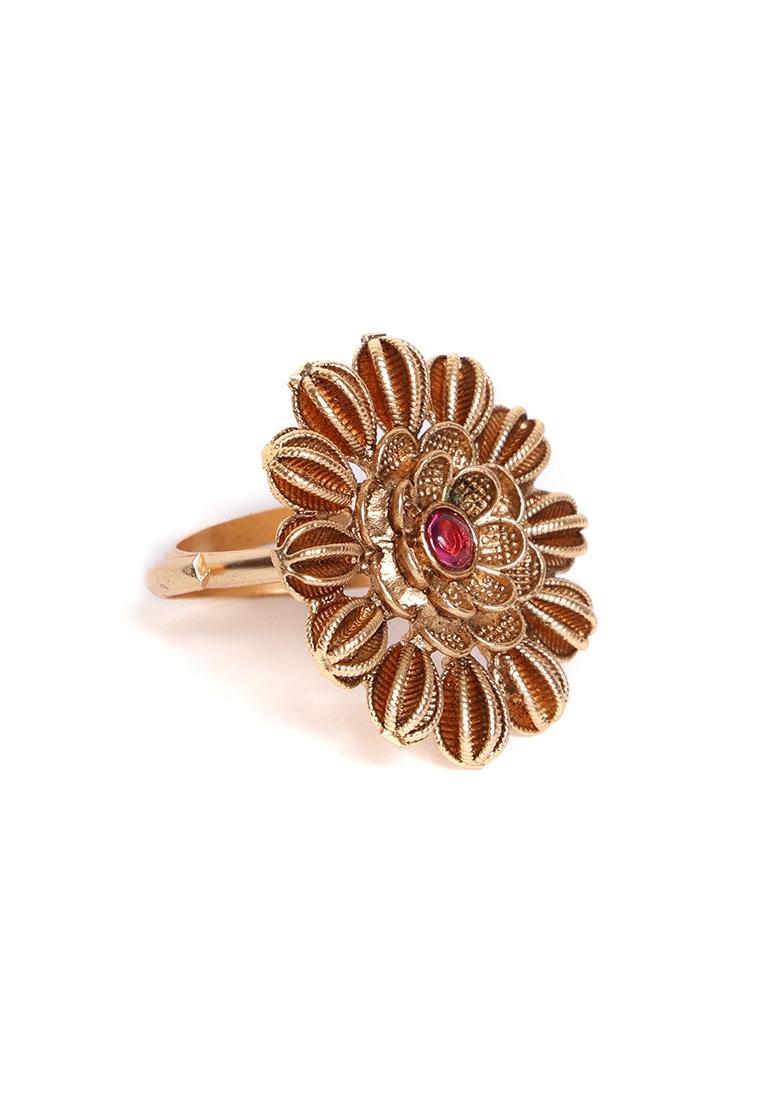 Gold Plated Stone Studded Floral Shaped Adjustable Finger Ring - Indya