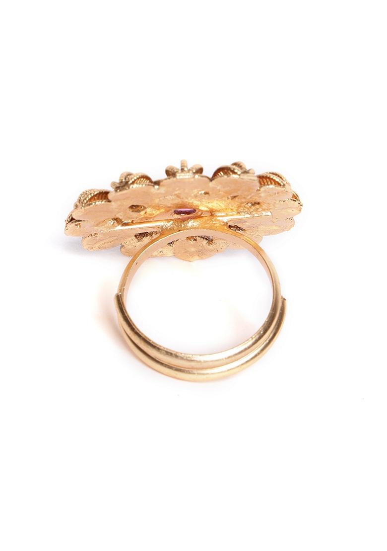 Gold Plated Stone Studded Floral Shaped Adjustable Finger Ring