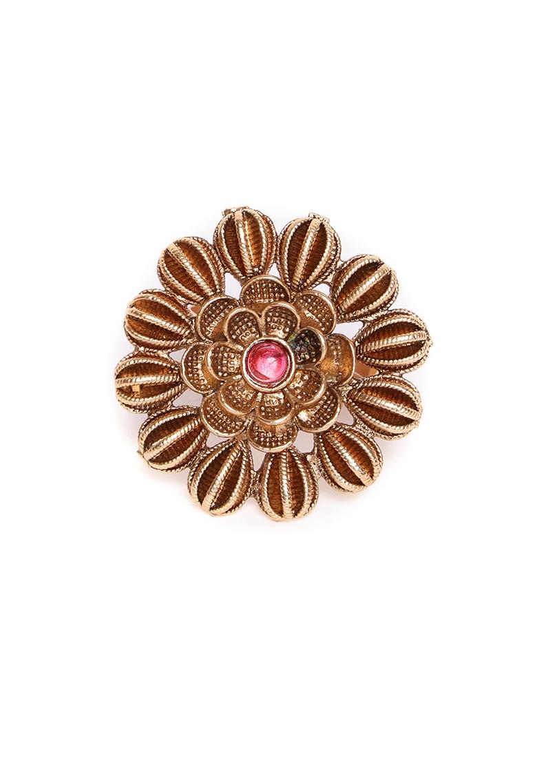 Gold Plated Stone Studded Floral Shaped Adjustable Finger Ring