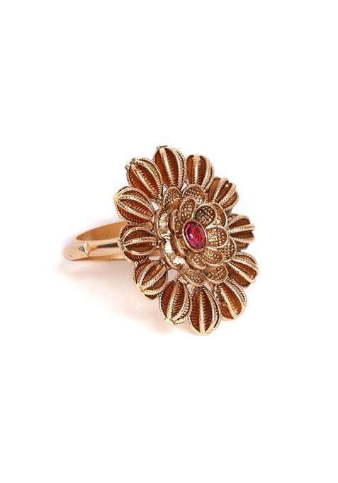 Gold Plated Stone Studded Floral Shaped Adjustable Finger Ring