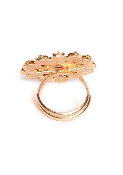 Gold Plated Stone Studded Floral Shaped Adjustable Finger Ring