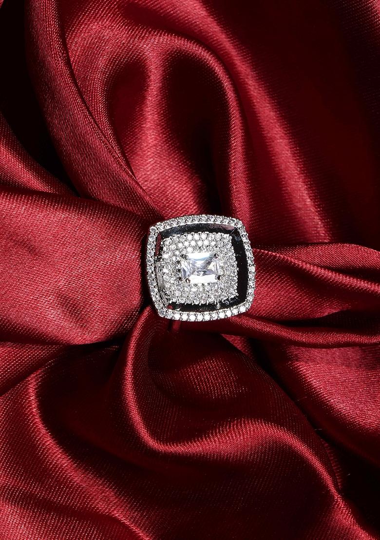 Silver Plated Cubic Zirconia Stone Studded Adjustable Finger Ring