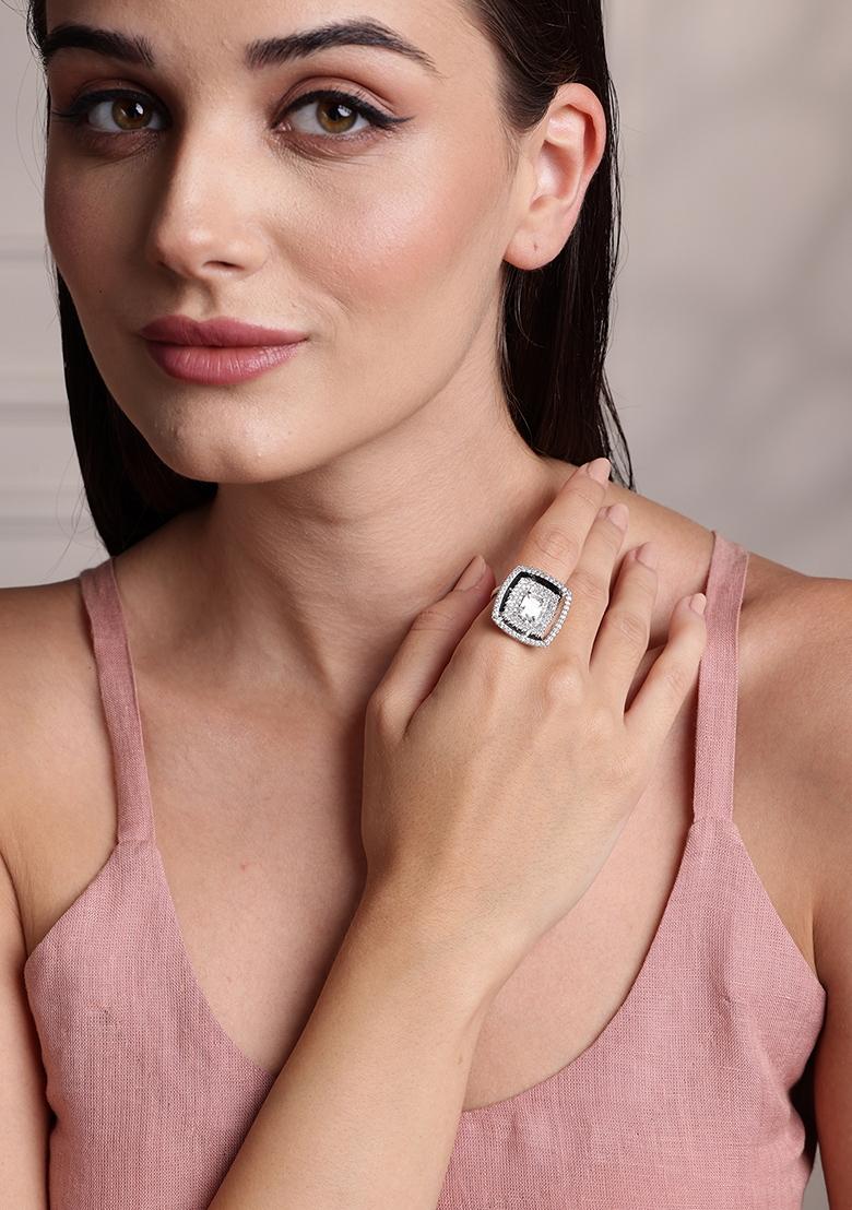 Silver Plated Cubic Zirconia Stone Studded Adjustable Finger Ring