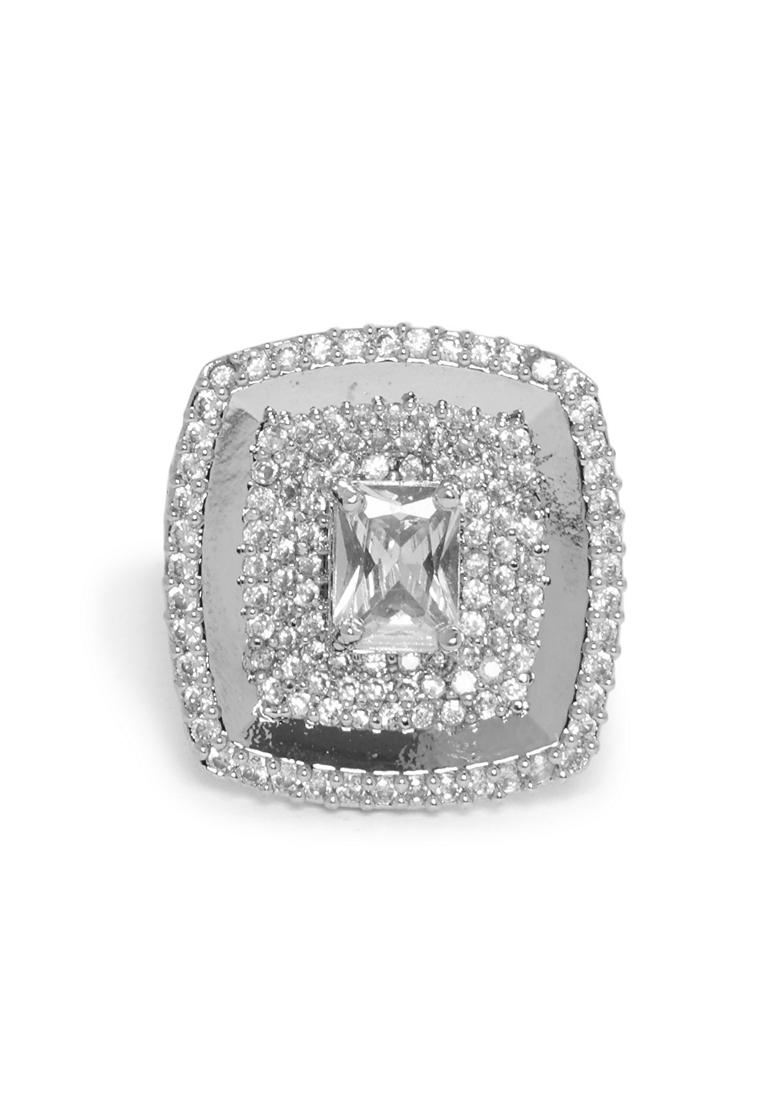 Silver Plated Cubic Zirconia Stone Studded Adjustable Finger Ring