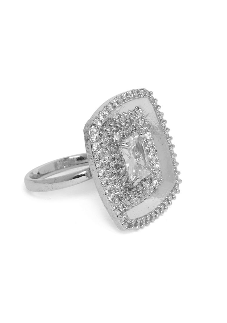 Silver Plated Cubic Zirconia Stone Studded Adjustable Finger Ring