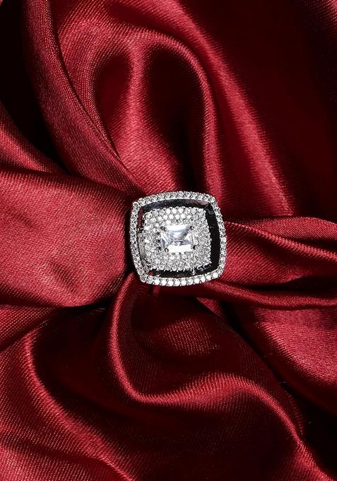 Silver Plated Cubic Zirconia Stone Studded Adjustable Finger Ring