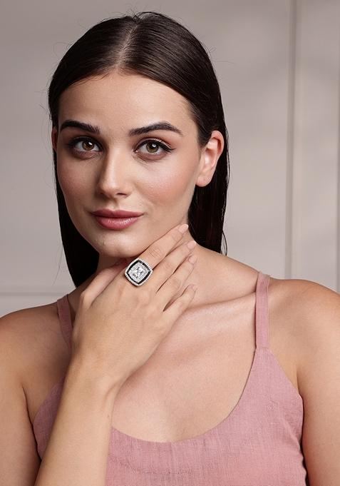 Silver Plated Cubic Zirconia Stone Studded Adjustable Finger Ring