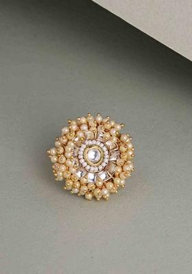 Gold Plated Kundan Stone Studded and Beaded Adjustable Finger Ring