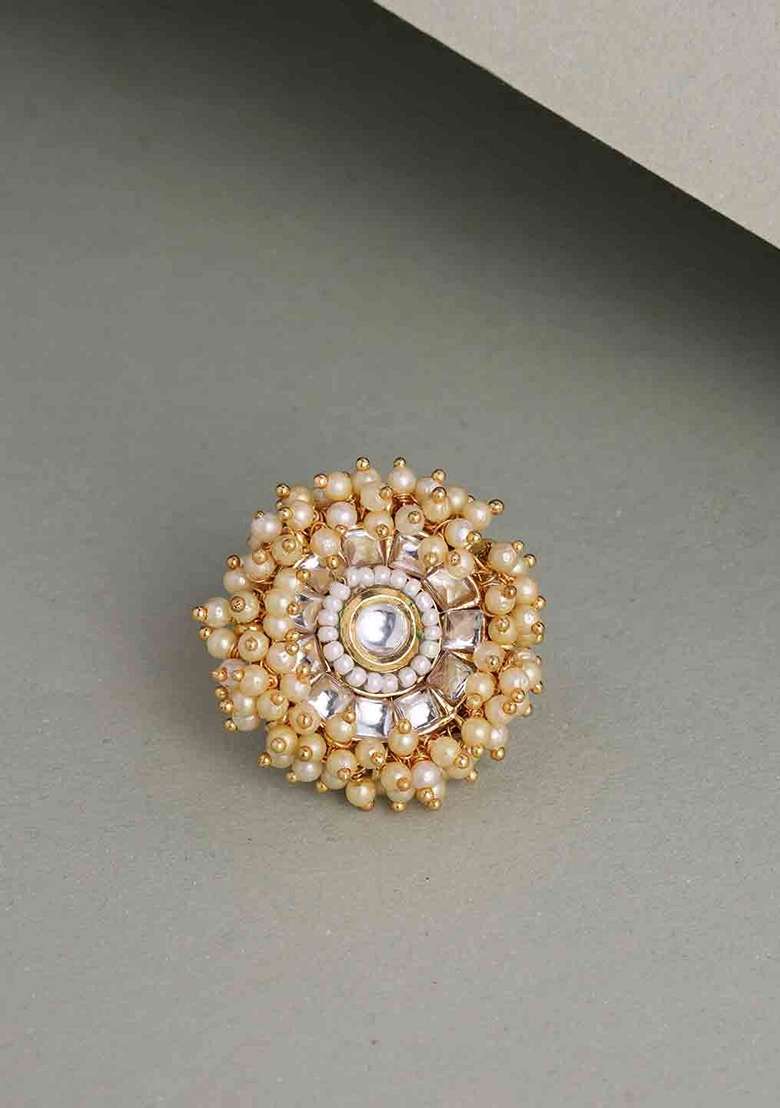Gold Plated Kundan Stone Studded and Beaded Adjustable Finger Ring - Indya