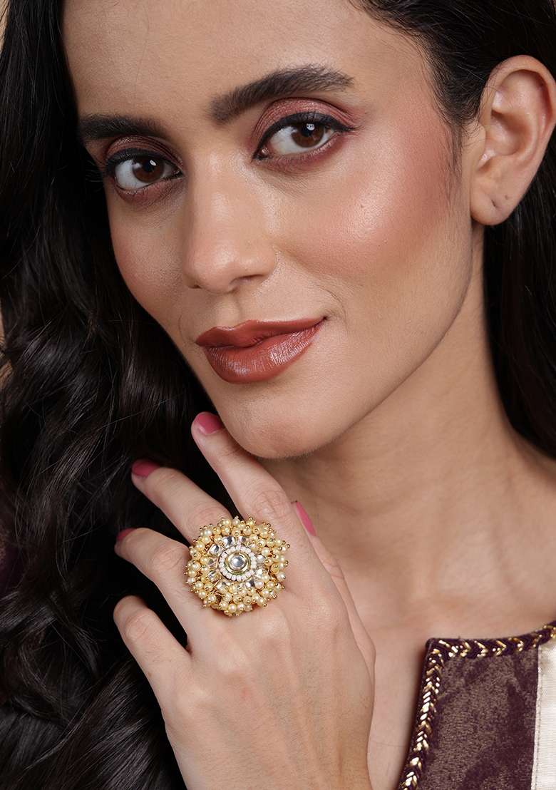 Gold Plated Kundan Stone Studded and Beaded Adjustable Finger Ring - Indya