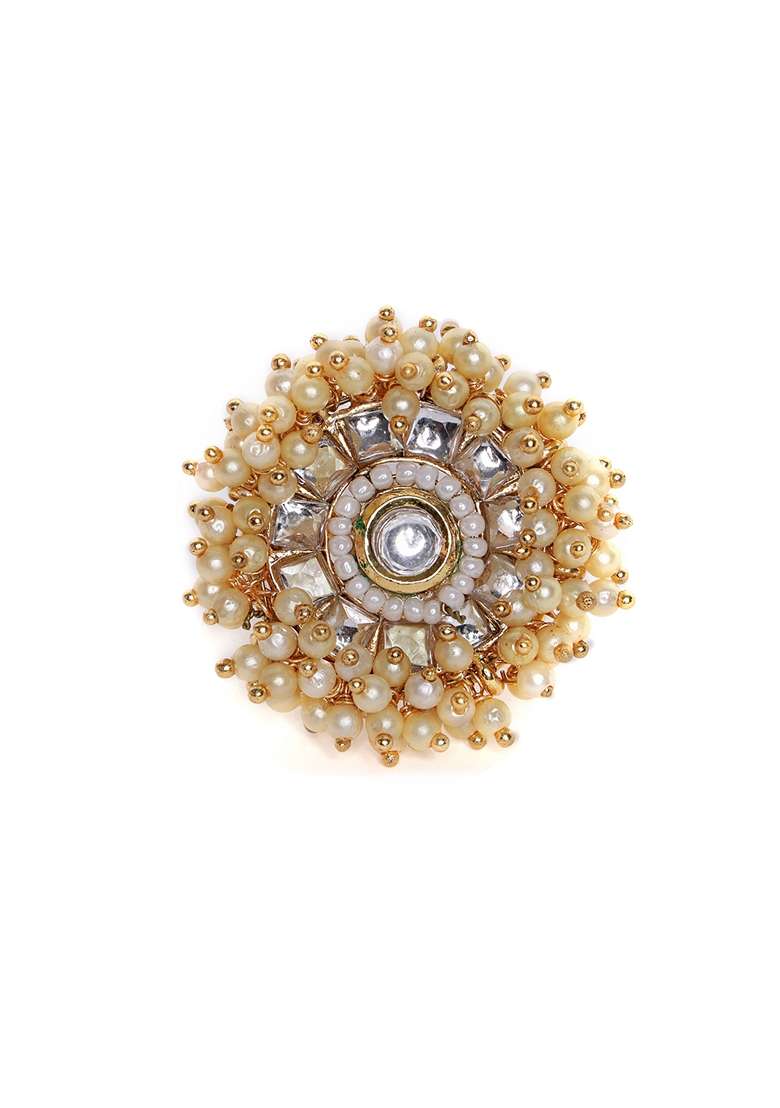 Gold Plated Kundan Stone Studded and Beaded Adjustable Finger Ring - Indya