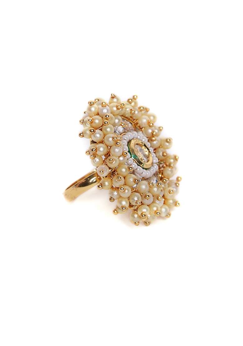Gold Plated Kundan Stone Studded and Beaded Adjustable Finger Ring - Indya