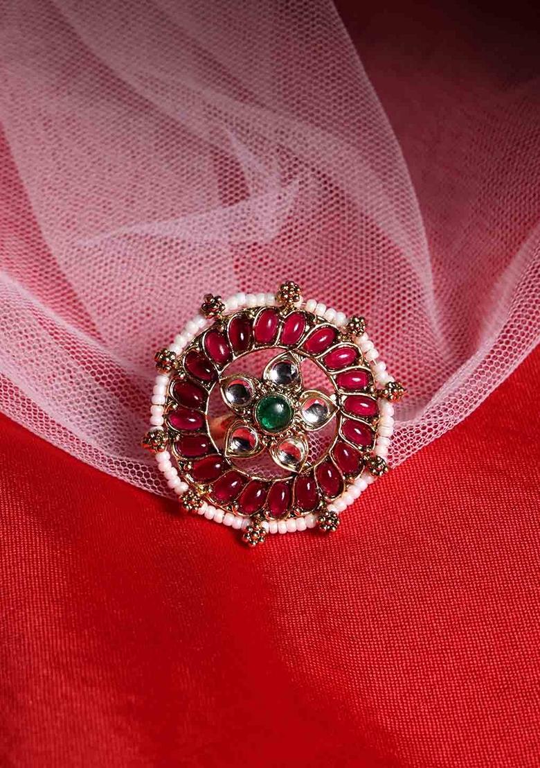 Gold Plated Stone Studded and Beaded Adjustable Finger Ring