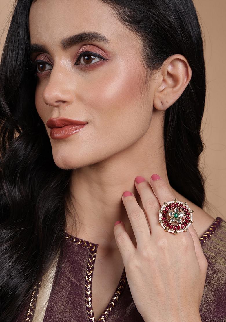 Gold Plated Stone Studded and Beaded Adjustable Finger Ring